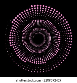 Circle pink dots on a black background. Element for frame, logo, tattoo, web pages, prints, posters, template, abstract vector backgrounds. Optical illusion shape. Design spiral dots backdrop. Op art.