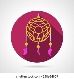 Circle pink flat vector icon for dream catcher with yellow lace and beads and three pink feathers on gray background with long shadow.
