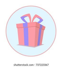 The circle Pink gift box with blue ribbon packaging icon