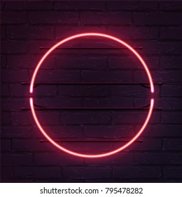Circle pink neon sign. Vector realistic neon circle on brick wall.