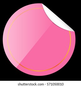 Circle Pink Tag with Curl Effect and Golden List, at Black Background

