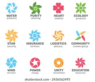 Circle pinwheels logos. Simple minimalist business signs. Round icon templates with text. Propellers shapes. Delivery service. Cleaning company. Vector corporate brand