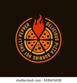 Circle pizza logo with red flame hot pepper and text around