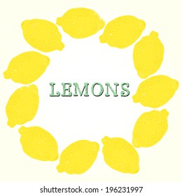 Circle with place for the text made of textured cartoon lemons. Hand drawn theme party invitation or recipe book illustration.