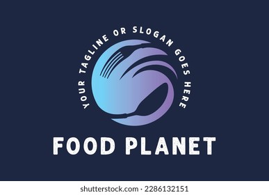 Horquilla de la cuchara de la luna de la Tierra del planeta circular para el vector de diseño del logotipo de la comida del restaurante