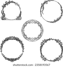 Circle plants frame line art set