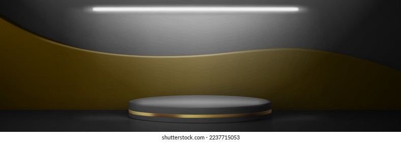Plataforma circular con banda dorada en habitación moderna de estilo minimalista. Podio 3d gris vacío, estudio redondo o stand para exposición, ilustración vectorial realista. Ilustración 3D