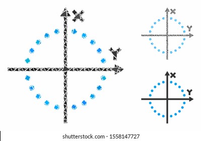 Circle plot mosaic of ragged items in different sizes and color tinges, based on circle plot icon. Vector irregular elements are grouped into mosaic. Circle plot icons collage with dotted pattern.