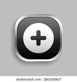 Kreis plus Symboldesign. Glossy Button-Stil abgerundetes Rechteck einzeln auf grauem Hintergrund. Vektorgrafik