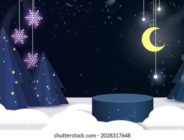 Decoración de podio circular con fondo de invierno escénico.Escenario para productos de visualización, espectáculo, venta.Decoración de fondo de navidad abstracta con árbol de Navidad, estrellas, nieve en el cielo nocturno.Ilustración vectorial.