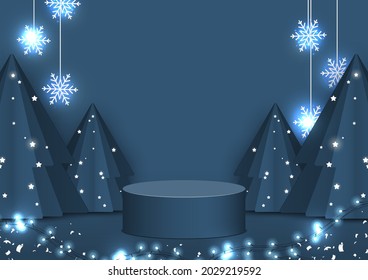 Circle podium decoration with scene winter elements.Stage pedestal for display product.Abstract Xmas backdrop decor with Christmas tree, stars, snowflake, light on blue background.Vector illustration.