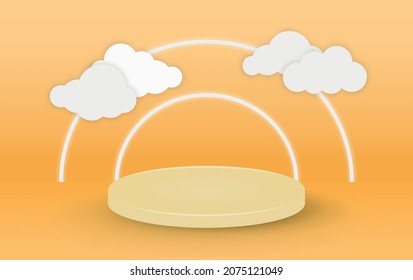 Circle podium stands on orange background. Pedestal scene and realistic clouds, stage with empty pedestal. Stand platform. Backdrop.