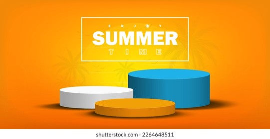 Circle podium white, blue, and orange colors for product display on Summer yellow background. Vector illustration for Summer time. Minimal style.