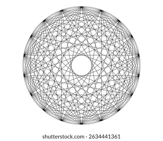 Punto circular con líneas conectadas, mostrando un mandala como simetría. Geometría sagrada en el fondo blanco para el logotipo del icono de la religión del símbolo del tatuaje. Ilustración vectorial