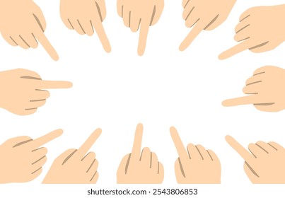 A circle of pointing hands converging towards a blank center in a creative representation of attention and direction