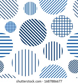 Circle, polka dot, stripe seamless pattern. Mixed texture irregular chaotic shapes print. Modern memphis stile geometric background. Bold trendy contemporary geo wallpaper. Abstract vector ornament