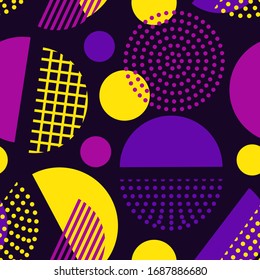 Círculo, punto polka, rayas sin fisuras. Impresión de formas caóticas irregulares de textura mixta. Fondo geométrico moderno con un estilo memphis. Papel pintado de geo contemporáneo. Ornamento vectorial abstracto