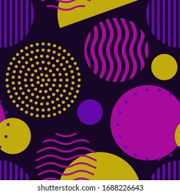 Circle, polka dot, stripe seamless pattern. Mixed texture irregular chaotic shapes print. Modern memphis stile geometric background. Bold trendy contemporary geo wallpaper. Abstract vector ornament