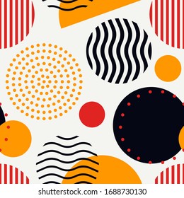 Circle, polka dot, stripe seamless pattern. Mixed texture irregular chaotic shapes print. Modern memphis stile geometric background. Bold trendy contemporary geo wallpaper. Abstract vector ornament