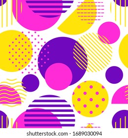 Circle, polka dot, stripe seamless pattern. Mixed texture irregular chaotic shapes print. Modern memphis stile geometric background. Bold trendy contemporary geo wallpaper. Abstract vector ornament