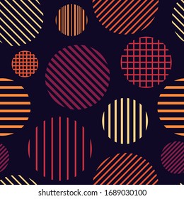 Circle, polka dot, stripe seamless pattern. Mixed texture irregular chaotic shapes print. Modern memphis stile geometric background. Bold trendy contemporary geo wallpaper. Abstract vector ornament