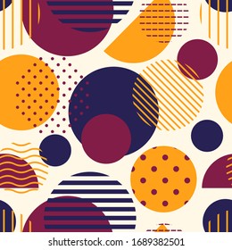 Circle, polka dot, stripe seamless pattern. Mixed texture irregular chaotic shapes print. Modern memphis stile geometric background. Bold trendy contemporary geo wallpaper. Abstract vector ornament
