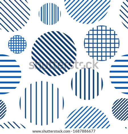 Circle, polka dot, stripe seamless pattern. Mixed texture irregular chaotic shapes print. Modern memphis stile geometric background. Bold trendy contemporary geo wallpaper. Abstract vector ornament