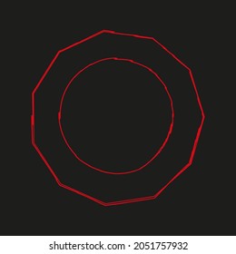 Circle in polygon. Red on black background. Ink design. Hand drawn. Abstract emblem. Vector illustration. Stock image. 