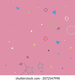 Circle Polygonal Pink Yellow Orange Colorful Blue Hipster Background. Green Square Sweet Violet Purple Zigzag Hearts Geometry Illustration. Red Ring Simple Bright Rectangle Stars Pastel Illustration.
