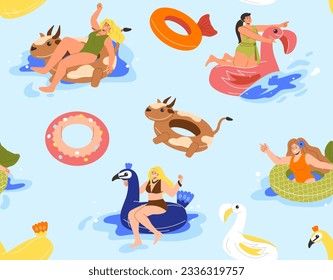 Círculo para el patrón sin soldadura del pool. Elemento de diseño repetitivo para imprimir en tela. Las mujeres con traje de baño y salvavidas descansan en la piscina y en el mar. Vacaciones y vacaciones. Dibujo vectorial plano de dibujos animados