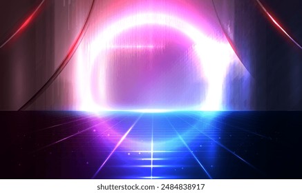 Circle Portal and hologram science futuristic on Sci fi space station corridor background. Sci-fi digital hi-tech stage in glowing HUD projector. Magic portal or teleport hologram. Science Tech Vector