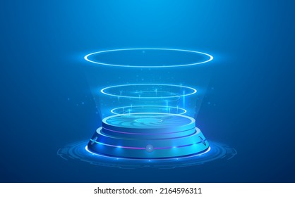 Circle portal, teleport, hologram gadget. Blank display, stage or magic portal, podium for show product in futuristic cyberpunk style in isolated on blue background. Layout, template for your product.