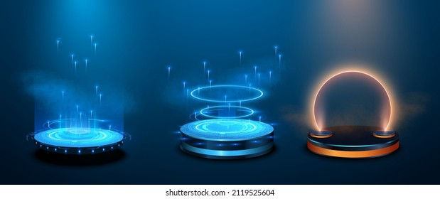 Circle portals, teleport, hologram gadget. Blank display, stage or magic portal, podium for show product in futuristic cyberpunk style. Sky-fi digital hi-tech elements for presentation product. Vector