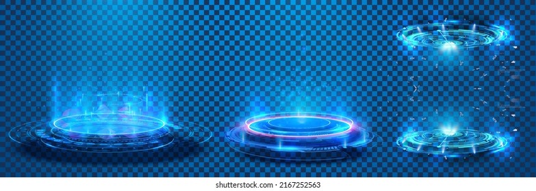 Circle portals, teleport, hologram gadget. Blank display, stage or magic portal, podium for show product in futuristic cyberpunk style. Sky-fi digital hi-tech fui elements for presentation product. 