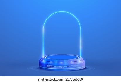 Circle portals, teleport, hologram gadget. Blank display, stage or magic portal, podium for show product in futuristic cyberpunk or hud style. Showcase with copy space. Blue circle neon lighting.