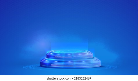 Circle Portals, Teleport, Hologram Gadget. Blank Display, Stage Or Magic Portal, Podium For Show Product In Futuristic Cyberpunk Or Hud Style. Mockup For Presentation.