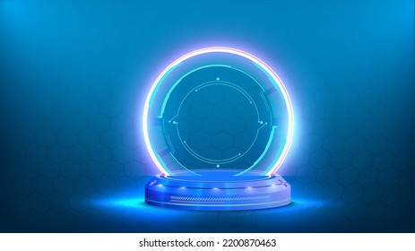 Circle portals, teleport, hologram gadget. Blank display, stage or magic portal, podium for show product in futuristic cyberpunk or hud style. Blue digital neon podium. Vector