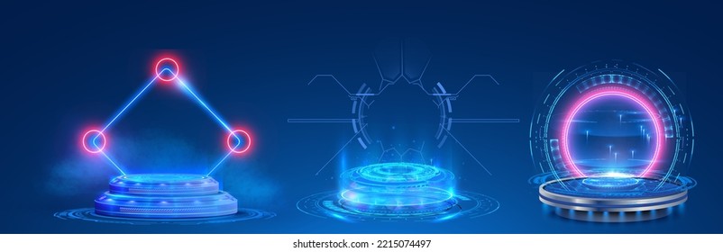 Circle Portals, Teleport, Hologram Gadget. Podium For Presentation Product. Futuristic Tech, 3D HUD Portals. Blank Display, Stage Or Magic, Podium For Show Product In Futuristic Cyberpunk In Hud Style