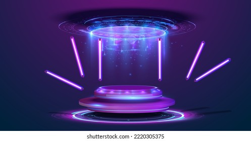 Circle portals, teleport, hologram gadget. Blank display, stage or magic portal, podium for show product in futuristic cyberpunk style. Sky-fi digital hi-tech fui elements for presentation product.