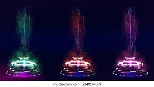 Circle portals, teleport, hologram gadget. Blank display, stage or magic portal, podium for show product in futuristic cyberpunk style  Circle portals, teleport, hologram gadget. 