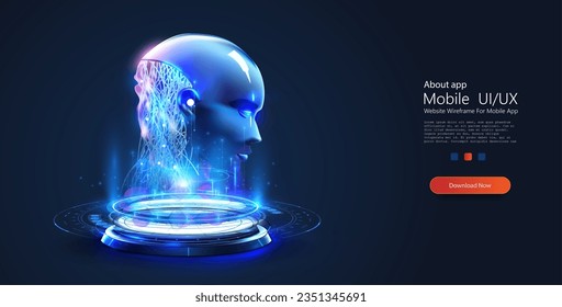 Circle portals, teleport, hologram gadget. Blank display, stage or magic portal, podium. Humanoid face of mechanical cybor. Artificial intelligence in humanoid head with neural network thinks. Vector 