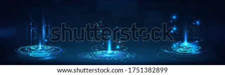 Circle portals, teleport, hologram gadget. Sky-fi digital hi-tech elements for presentation, vr, gui, games. HUD projector or magic circle teleport podium. Circle holograms set. Vector illustration