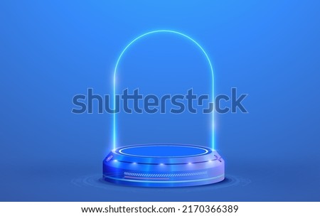 Circle portals, teleport, hologram gadget. Blank display, stage or magic portal, podium for show product in futuristic cyberpunk or hud style. Showcase with copy space. Blue circle neon lighting.