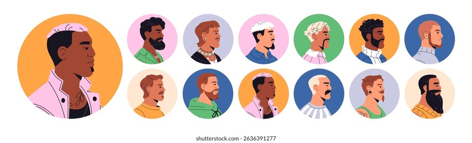 Circle portraits with profiles of fashion men set. Side view male avatars with round shape. Stylish guys with different trendy beards, mustaches, haircuts. Flat isolated vector illustrations on white