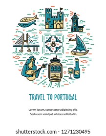 Circle with Portugal symbols. Vector illustration. Flat and line style.