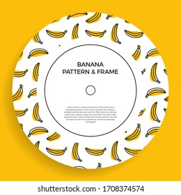 A circle postcard with banana patterns. Vector frame banner with yellow fruit bananas. Summer illustration with an empty space for text