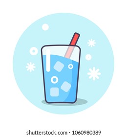 Circle poster showing refreshing drink. Vector illustration of glass of ice water with straw isolated on light blue background