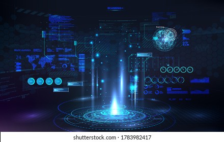 Circle presentation podium for UI, UX, KIT with HUD elements interface. Circle technology portal. Blank Hologram for show your product. Virtual reality, futuristic show presentation. Vector