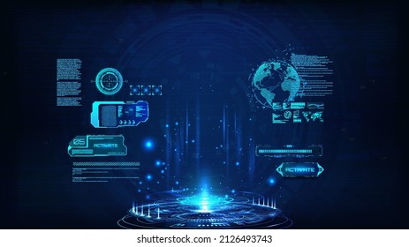 Circle presentation stage - podium in HUD style for show your product. Blank HUD lab with interface element. Mockup Hologram for presentation UI, UX, KIT, GUI. Virtual reality hologram. Vector HUD
