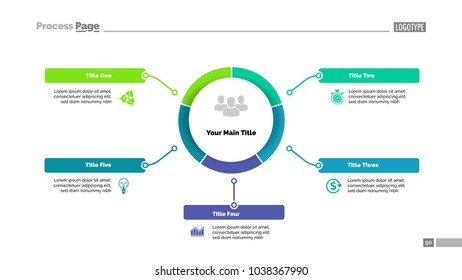 Circle process diagram with five segments. Step chart, timeline, template. Creative concept for infographics, presentation, project, report. Can be used for topics like business, strategy, management